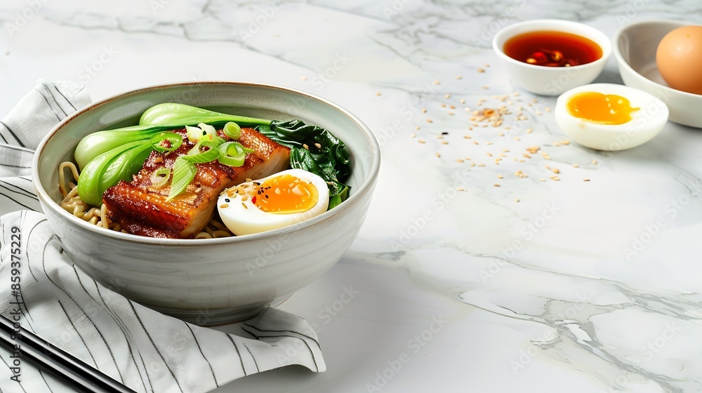 Ramen Pork Belly Bok Choy and Egg with a Light Neutral Background : Generative AI Ramen Pork Belly Bok Choy and Egg with a Light Neutral Background : Generative AI