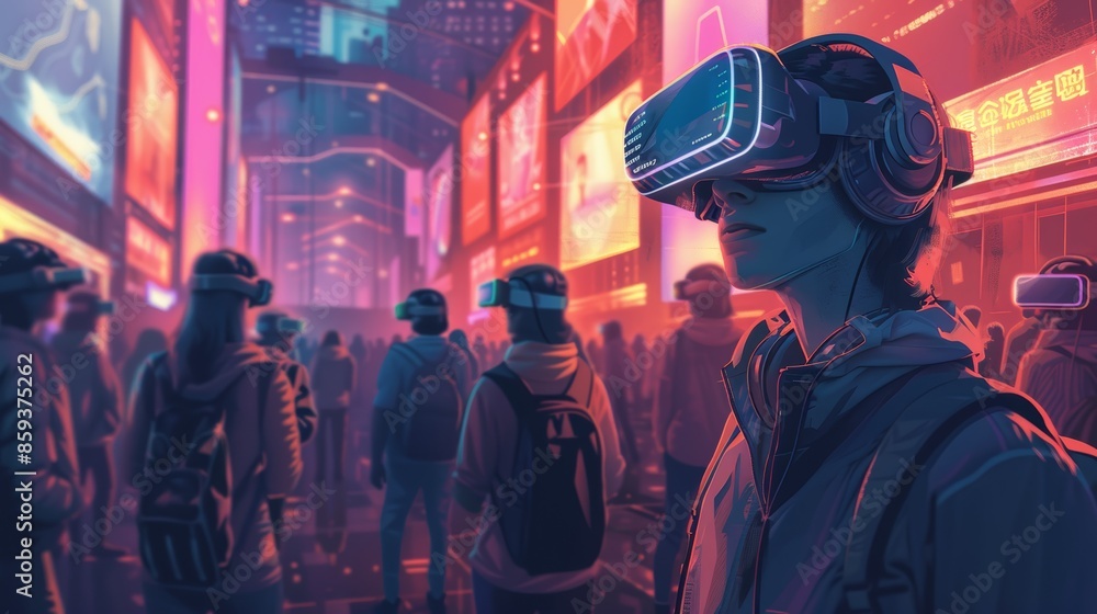 A futuristic illustration of a business networking event in a virtual reality environment, showcasing the future of online interactions and networking. A futuristic illustration of a business networking event in a virtual reality environment, showcasing the future of online interactions and networking.
