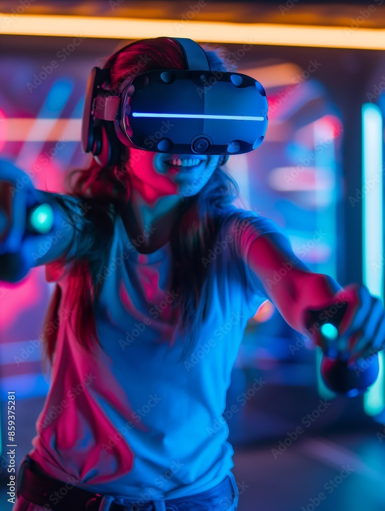 Young woman throwing playing a virtual reality game skapad av ai Young woman throwing playing a virtual reality game skapad av ai