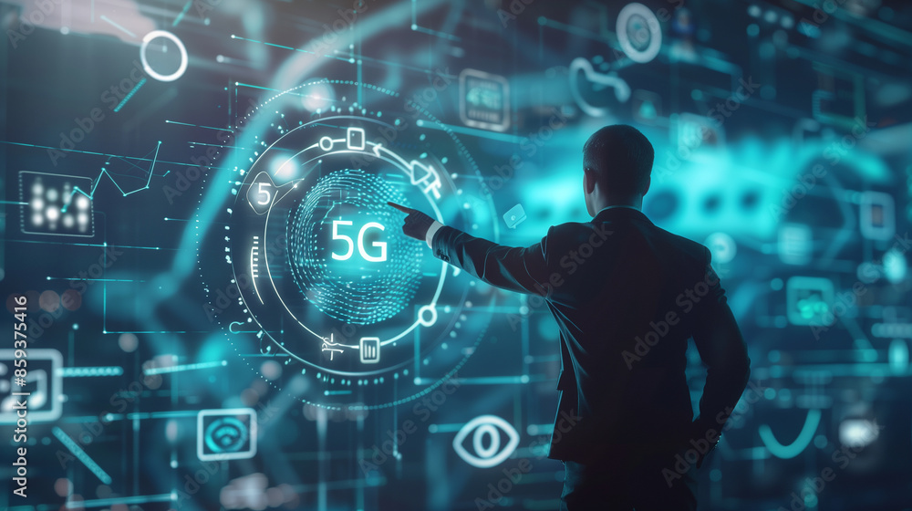 Businessman Interacting with Futuristic 5G Network Interface Businessman Interacting with Futuristic 5G Network Interface