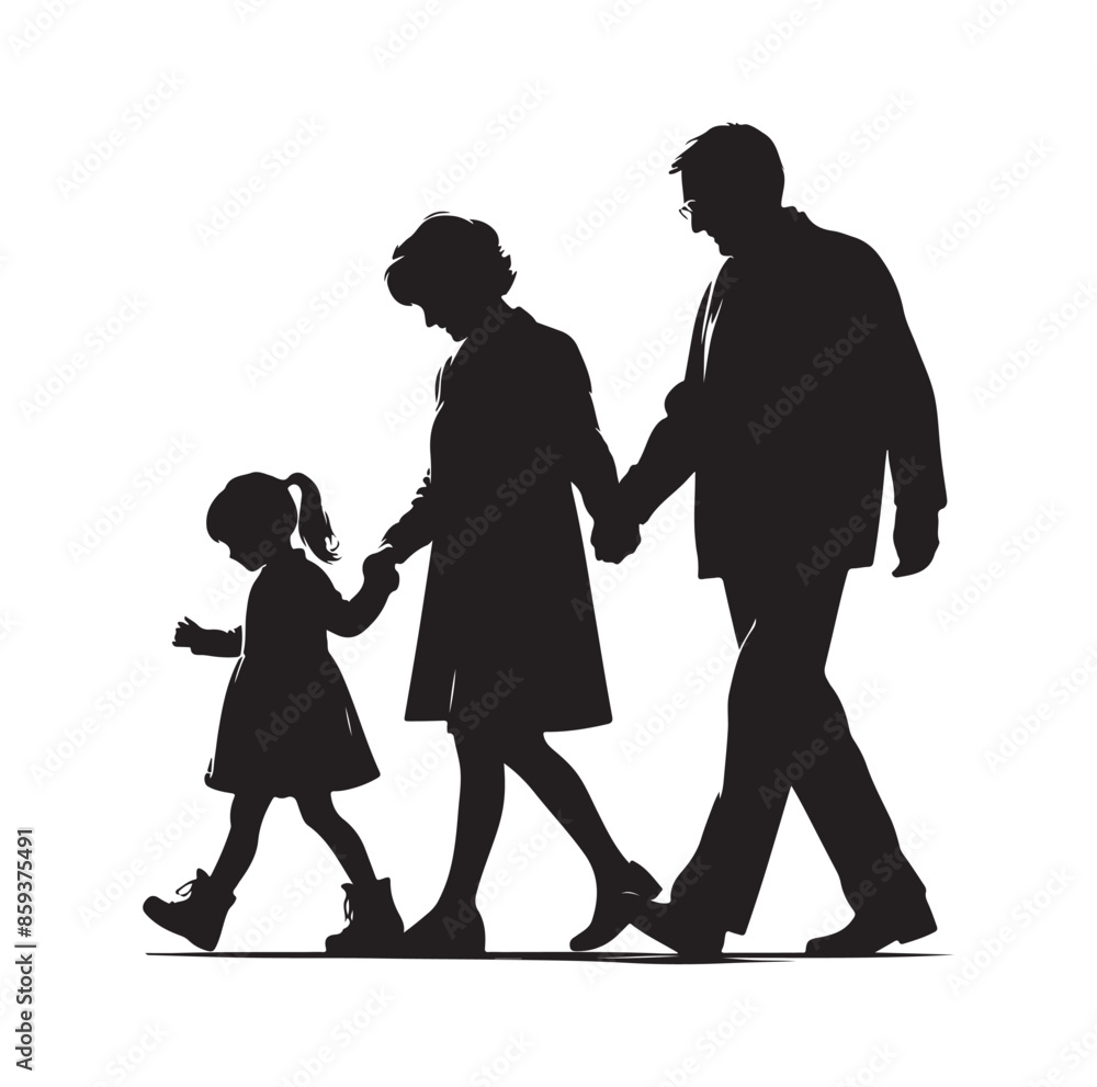 grandparents walking with granddaughter vector silhouette Illustration