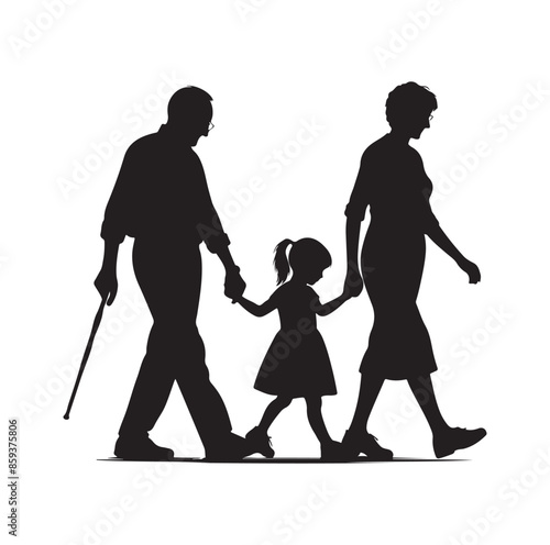 grandparents walking with granddaughter vector silhouette Illustration