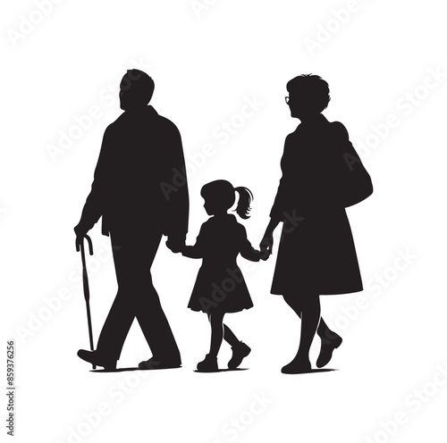 grandparents walking with granddaughter vector silhouette Illustration