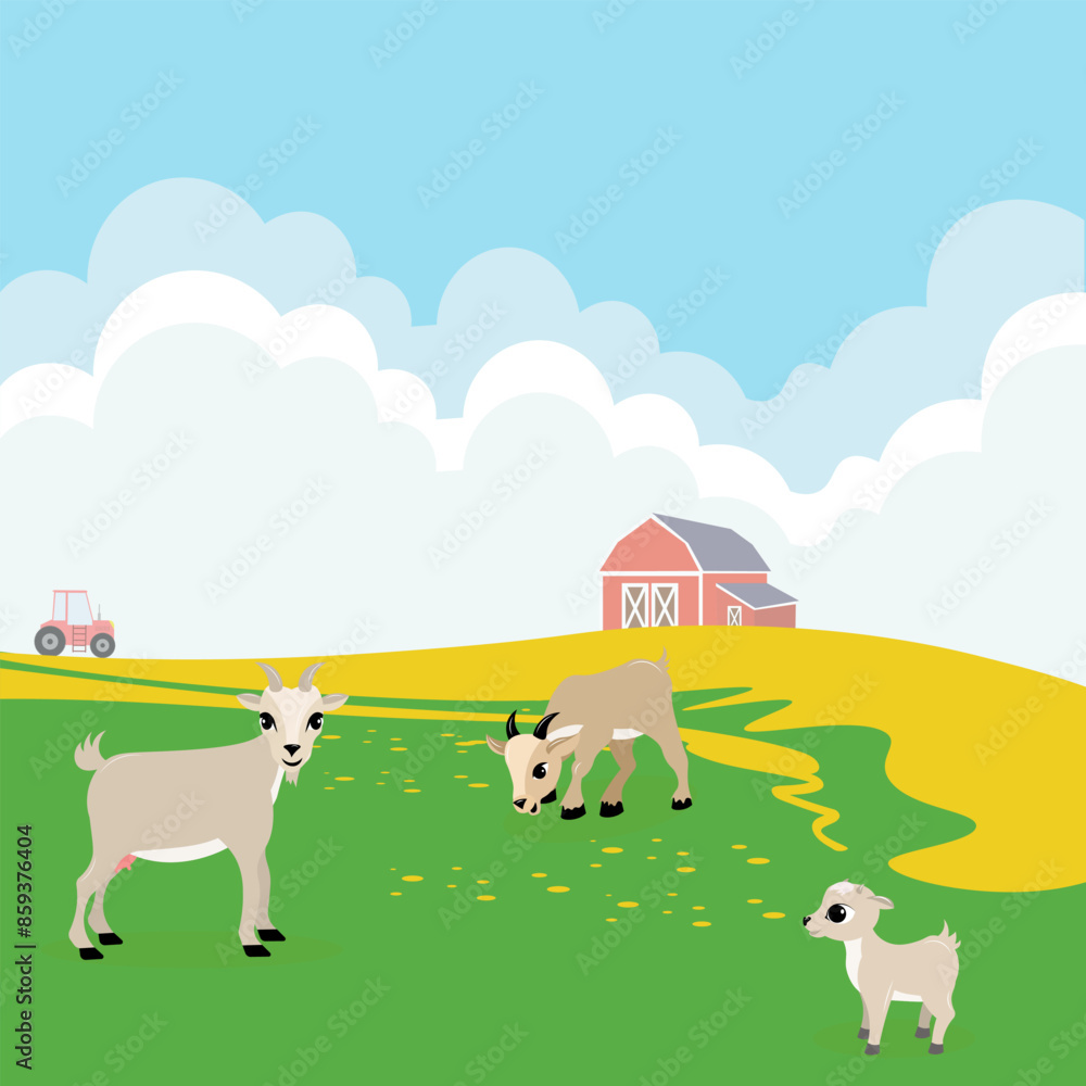 Domestic farm animal. Goats and a kid are grazing in the meadow. Rural hills. Scenery. Beautiful view. Domestic farm animal. Goats and a kid are grazing in the meadow. Rural hills. Scenery. Beautiful view.