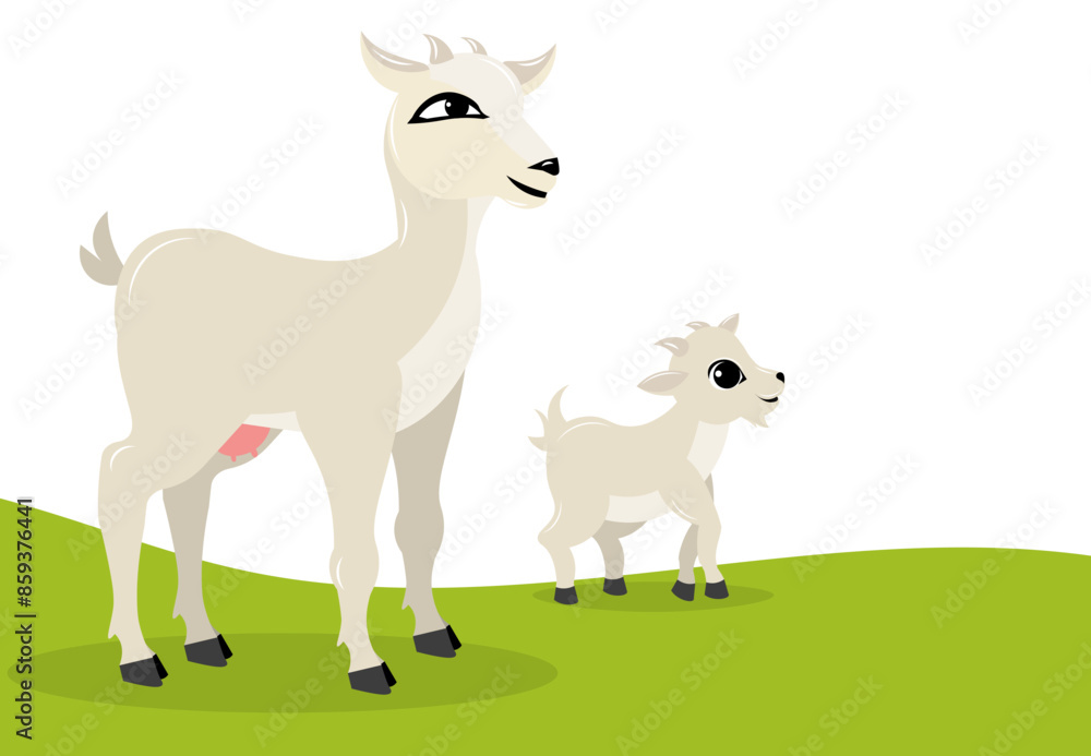 Domestic farm animal. Goat and kid on the grass. Rural hills. Summer. Domestic farm animal. Goat and kid on the grass. Rural hills. Summer.