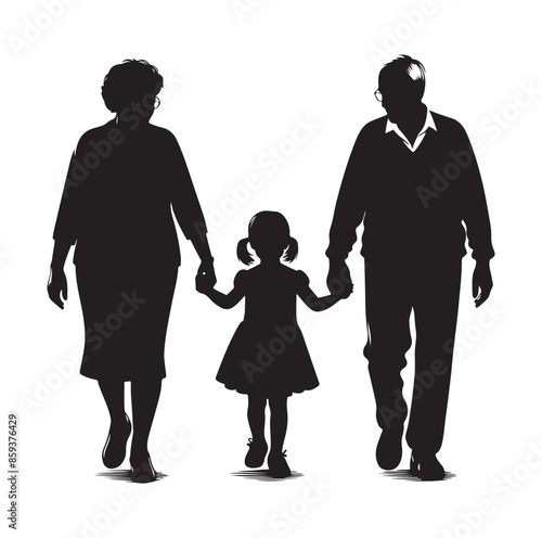 grandparents walking with granddaughter vector silhouette Illustration