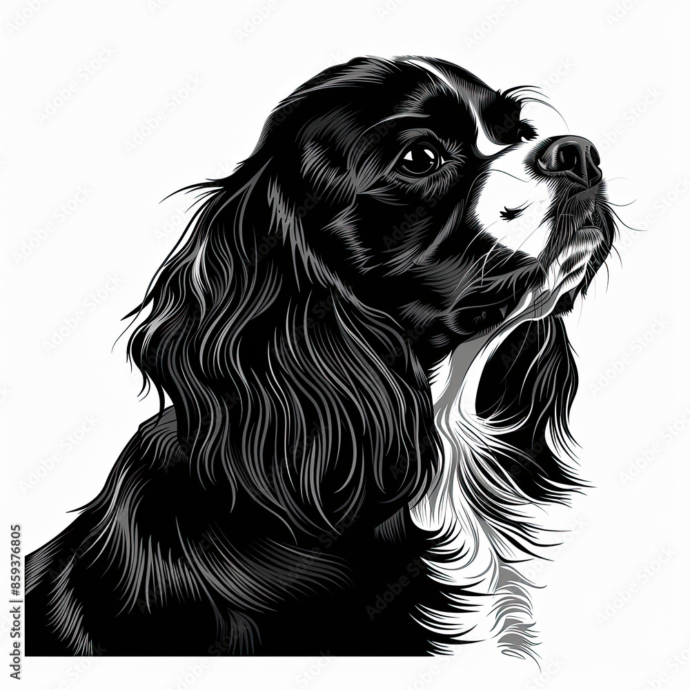 A black and white drawing of a Cavalier King Charles Spaniel dog A black and white drawing of a Cavalier King Charles Spaniel dog