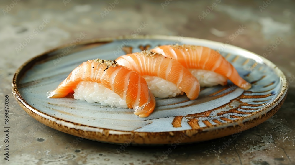Delicious nigiri sushi with salmon on ceramic plate Japanese food style concept : Generative AI Delicious nigiri sushi with salmon on ceramic plate Japanese food style concept : Generative AI
