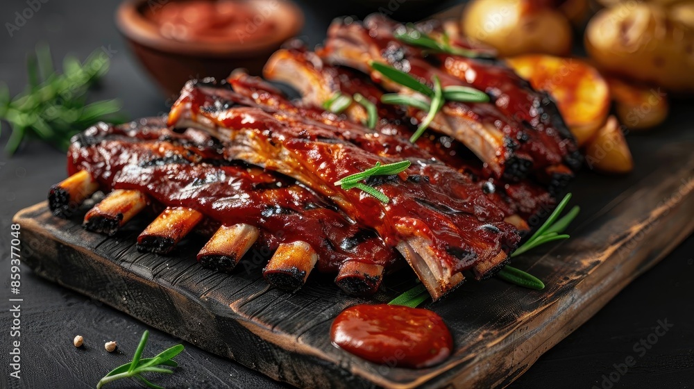 Delicious barbecue ribs with a smoky glaze served with roasted potatoes, garnished with fresh herbs for a perfect meal. Delicious barbecue ribs with a smoky glaze served with roasted potatoes, garnished with fresh herbs for a perfect meal.