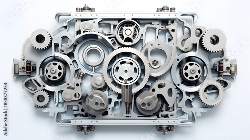 Inner mechanics of a vehicle's engine, with gears, pistons, and belts forming the shape of vehicle parts, set against a pure white background.