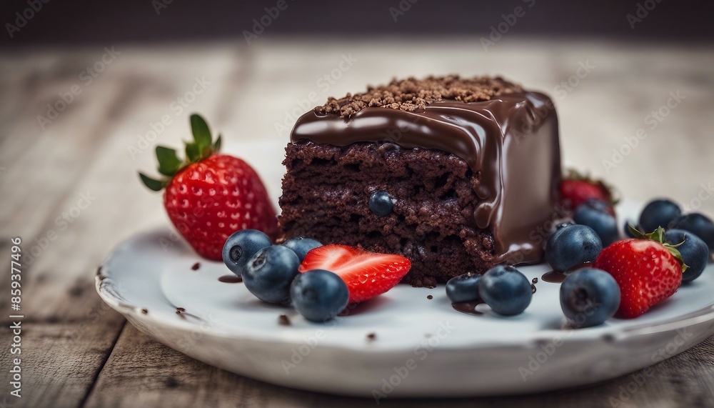 A delicious looking chocolate cake topped with strawberries and blueberries. A delicious looking chocolate cake topped with strawberries and blueberries.