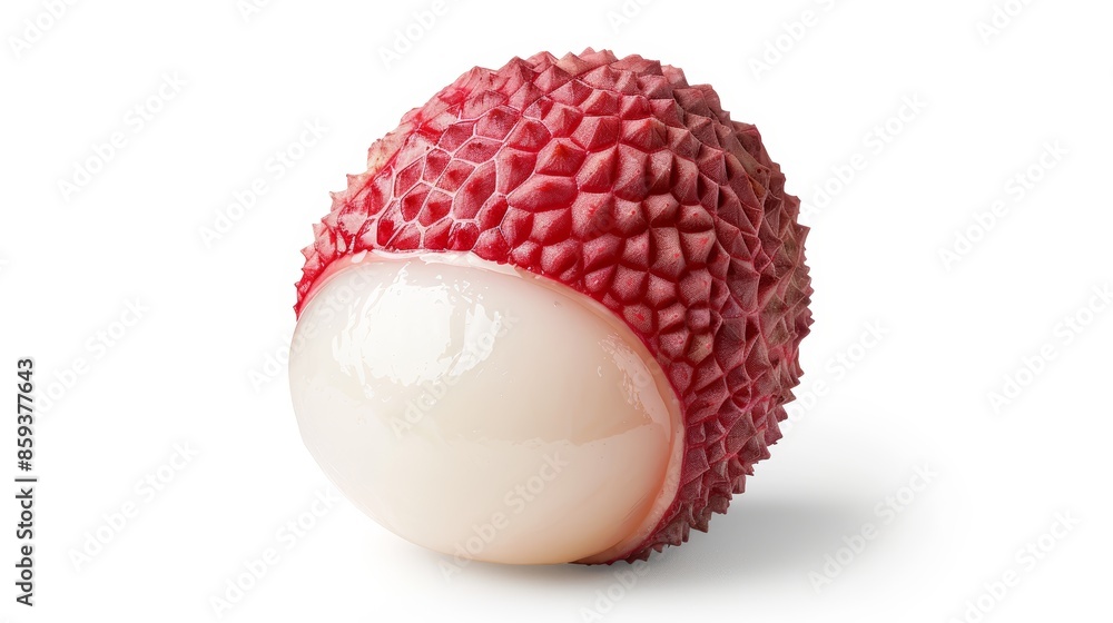 Single fresh lychee fruit on a stark white background, the detailed texture of the red skin and the succulent flesh inside, simple and visually striking Single fresh lychee fruit on a stark white background, the detailed texture of the red skin and the succulent flesh inside, simple and visually striking