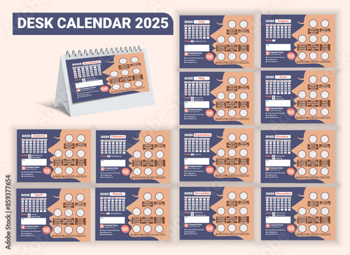 Women spa and beauty parlor service desk calendar design 2025. Set of 12 months. Monthly Desk Calendar 2025. 2025 calendar planner set for template Women spa and beauty parlour service design week 