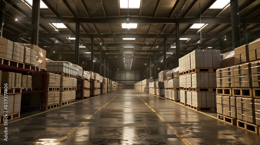 Empty Warehouse Interior with Pallet of Boxes Empty Warehouse Interior with Pallet of Boxes