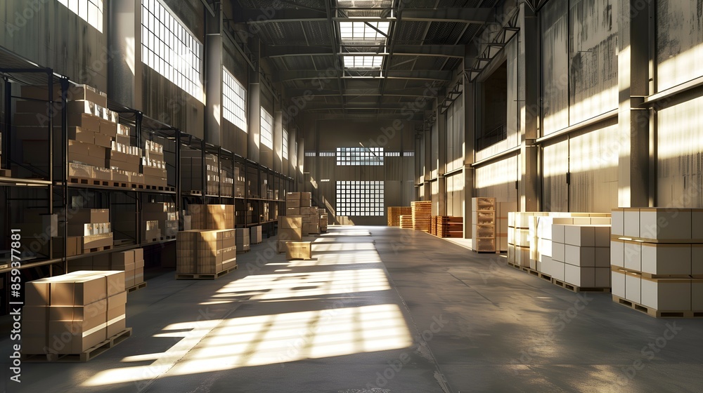 Empty Industrial Warehouse with Pallets of Cardboard Boxes Empty Industrial Warehouse with Pallets of Cardboard Boxes