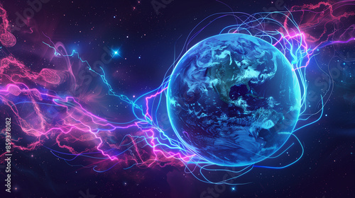 Earth with Colorful Energy Waves in Outer Space