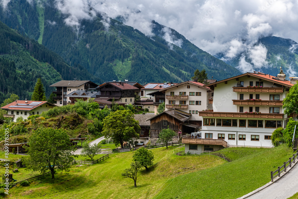 View of the mountains, valleys and the village of Brandberg near Mayrhofen in Austria View of the mountains, valleys and the village of Brandberg near Mayrhofen in Austria