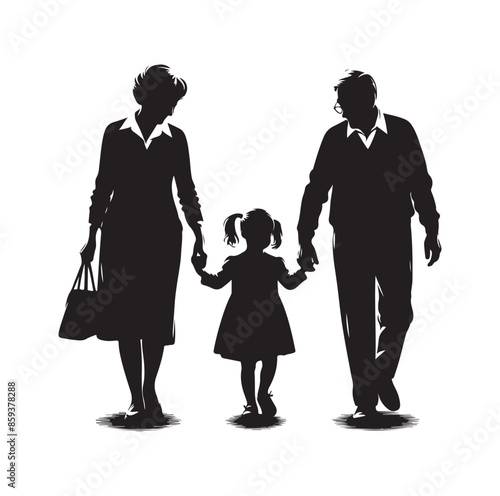 grandparents walking with granddaughter vector silhouette Illustration