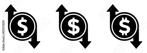 Dollar rate rise and fall vector signs. Cost increase and decrease vector icons