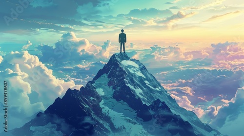 An artistic illustration of a person in a suit standing on a mountain peak, looking out at a landscape filled with opportunities, representing success in business consulting.