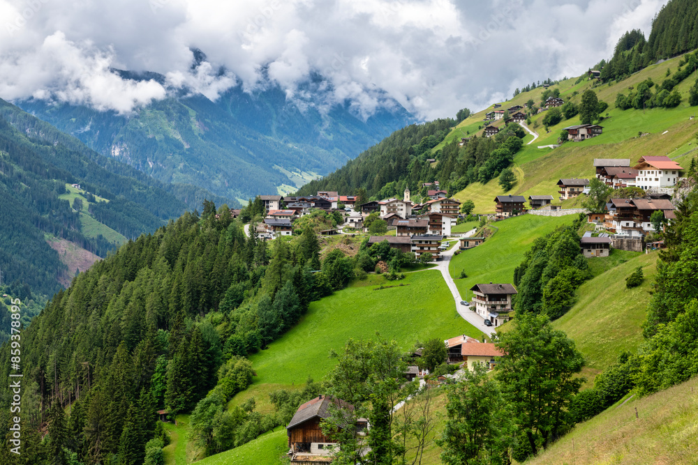View of the mountains, valleys and the village of Brandberg near Mayrhofen in Austria View of the mountains, valleys and the village of Brandberg near Mayrhofen in Austria