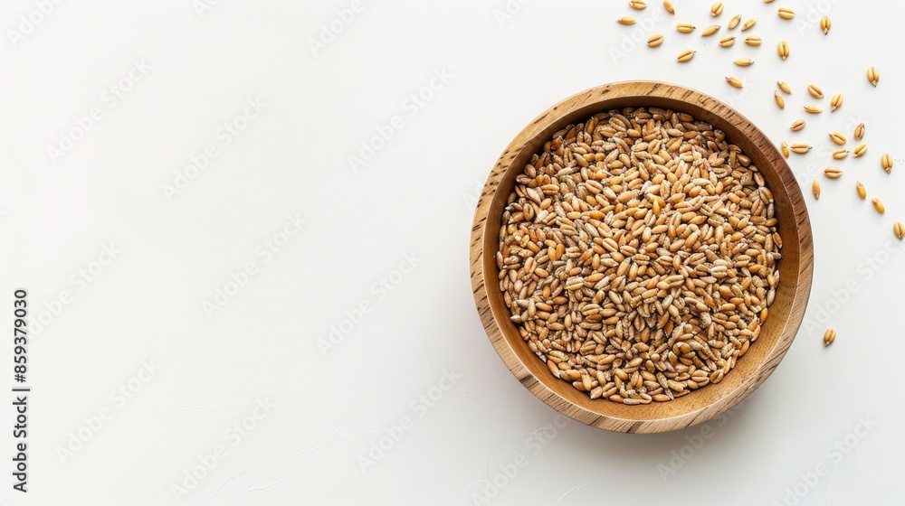 Top view of wheat seeds in wooden bowl on white background Top view of wheat seeds in wooden bowl on white background
