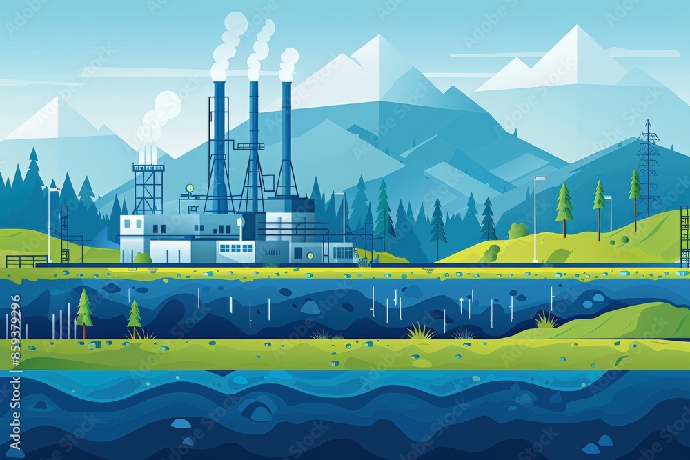Clipart illustration of a geothermal plant with steam rising from the ...