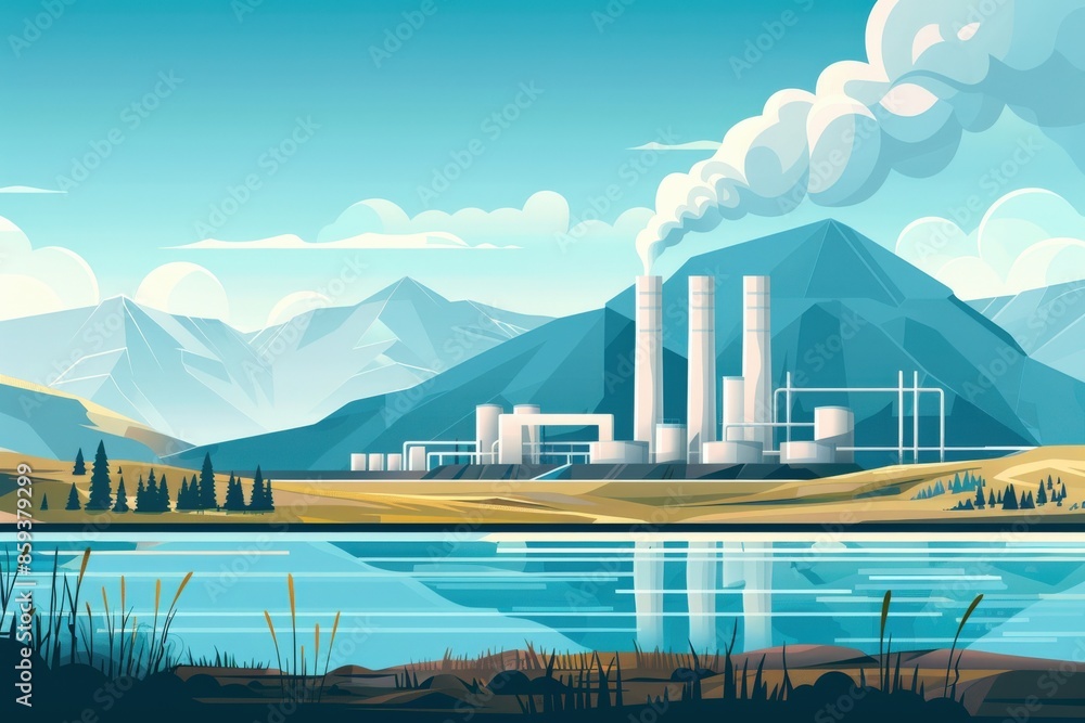 Clipart illustration of a geothermal plant with steam rising from the ...