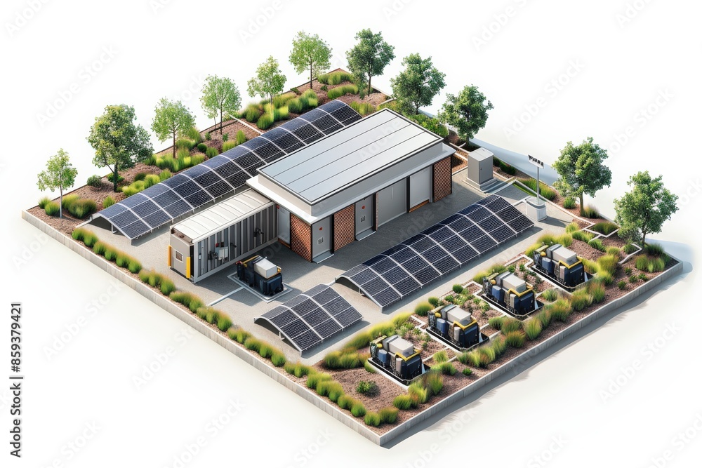 Clipart illustration of a battery storage facility paired with solar ...