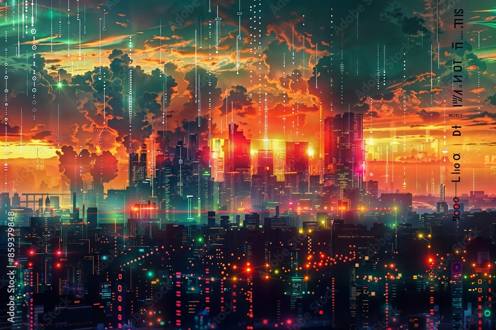 Fototapeta premium A vibrant, futuristic cityscape at sunset, with towering skyscrapers illuminated by a spectrum of neon lights. The sky is a dramatic blend of orange, purple, and green hues.