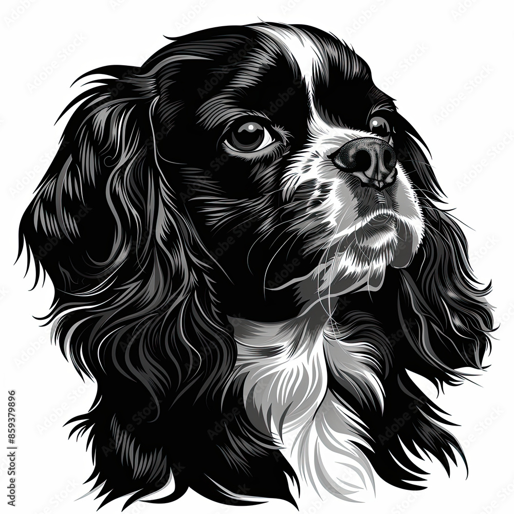 A black and white drawing of a Cavalier King Charles Spaniel dog A black and white drawing of a Cavalier King Charles Spaniel dog