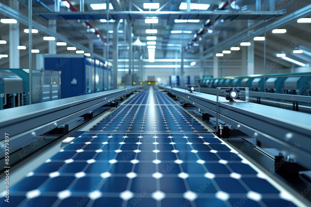 Fototapeta premium Clipart illustration of photovoltaic cells being manufactured, showcasing the production process of essential components for solar energy systems Photovoltaic cells, Renewable energy, Component