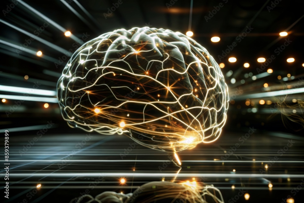 a brain with neural connections represented by glowing lines and nodes, creating a network a brain with neural connections represented by glowing lines and nodes, creating a network