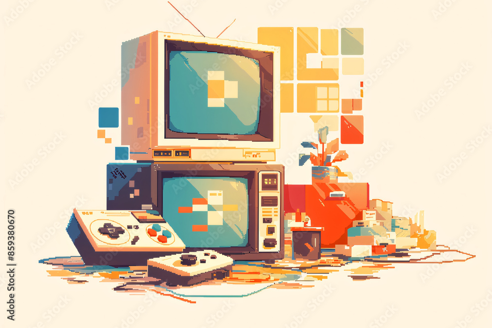 Nostalgic and colorful illustration of a retro gaming setup with ...