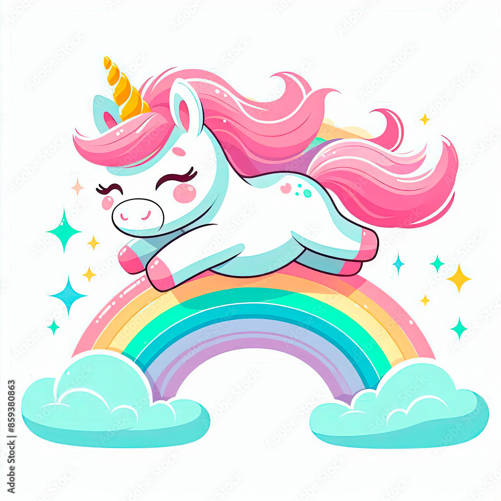 Naklejka premium Cute cartoon happy magic unicorn with rainbow on a white background.
