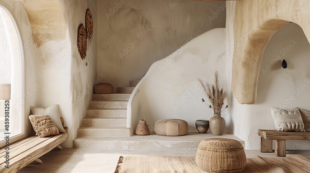 Obraz premium Cozy Mediterranean-Inspired Living Room with Natural Decor and Soft Earth Tones