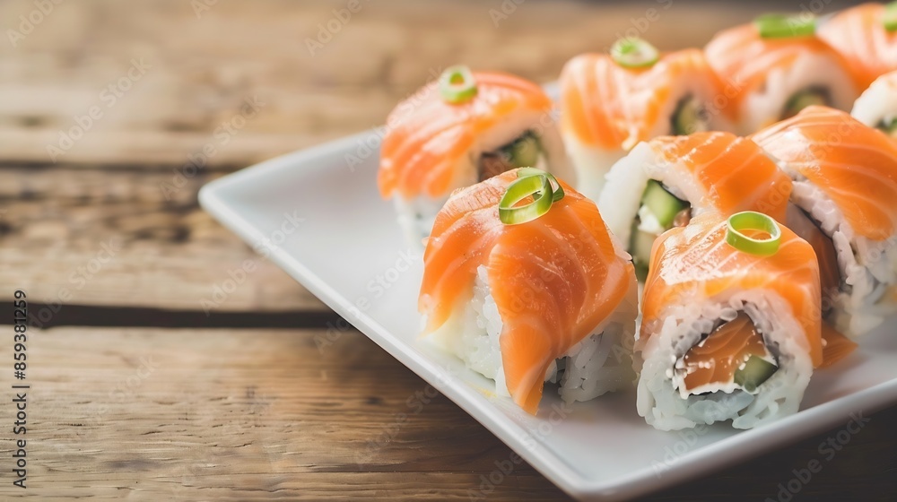 California salmon roll or Uramaki sushi served in plate on wooden table Japanese food style concept : Generative AI California salmon roll or Uramaki sushi served in plate on wooden table Japanese food style concept : Generative AI