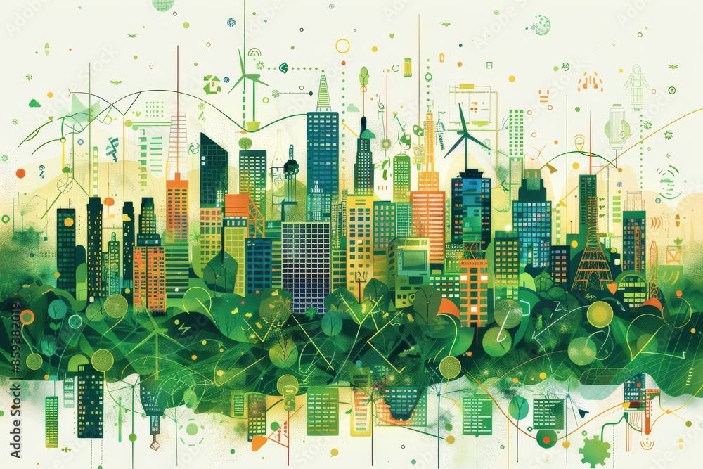 Obraz premium Clipart illustration of a smart city powered by renewable energy, demonstrating the integration of smart grid technology and energy efficiency Smart grid technology, Renewable energy, Energy