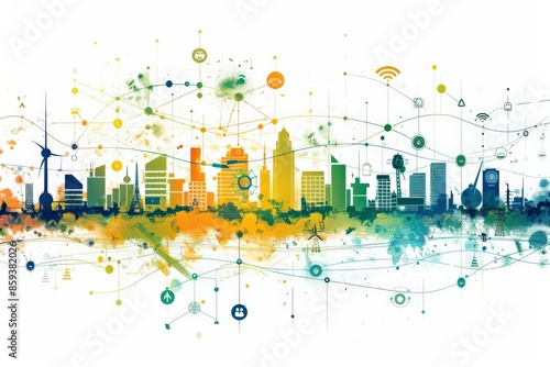 Clipart illustration of a smart city powered by renewable energy, demonstrating the integration of smart grid technology and energy efficiency Smart grid technology, Renewable energy, Energy