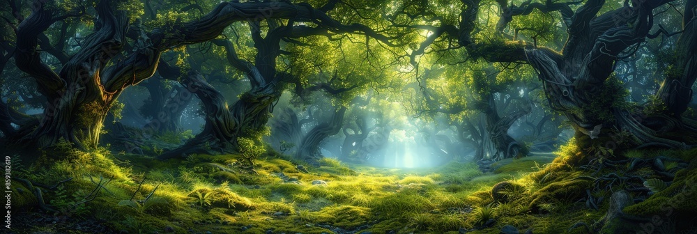 Sunlight Through Ancient Trees in a Mystical Forest Sunlight Through Ancient Trees in a Mystical Forest