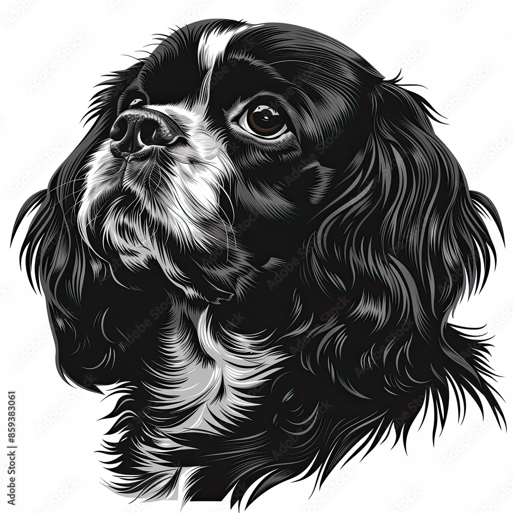 A black and white drawing of a cavalier king charles spaniel dog A black and white drawing of a cavalier king charles spaniel dog