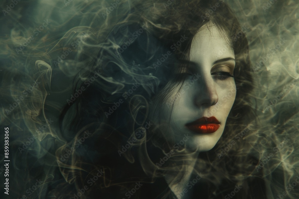 Mysterious woman surrounded by enigmatic smoke Mysterious woman surrounded by enigmatic smoke