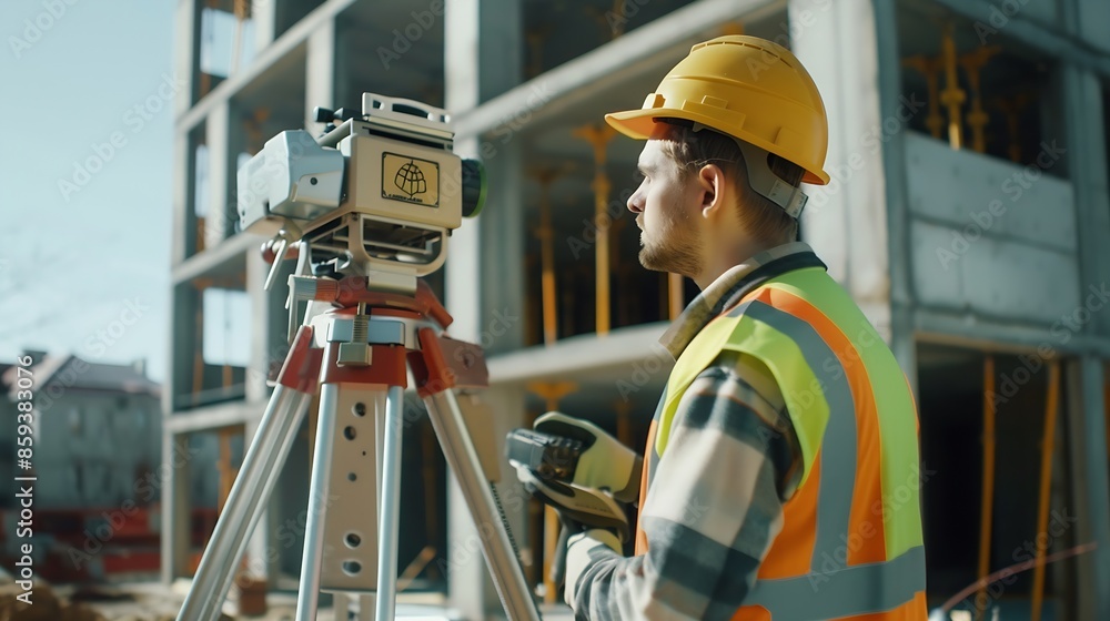 Portrait young Caucasian civil construction engineer working on theodolite surveyor tripod in construction site : Generative AI Portrait young Caucasian civil construction engineer working on theodolite surveyor tripod in construction site : Generative AI