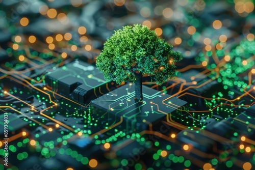 Realistic depiction of AI in environmental science, predicting climate patterns and aiding in climate change mitigation AI for climate change, Environmental AI, Sustainable development