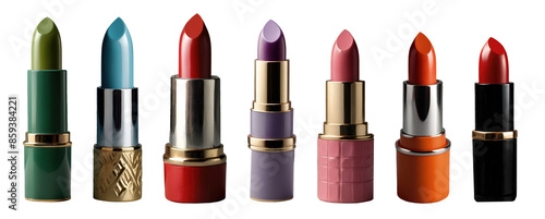 Set of beautiful premium bright lipsticks collection in different colours isolated on transparent background. Generative AI
