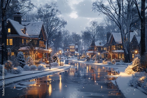 Enchanting Snow-Covered Village Street with Cozy Illuminated Houses during Winter Evening, Reflecting Warmth in the Winter Wonderland Scenewinter photo