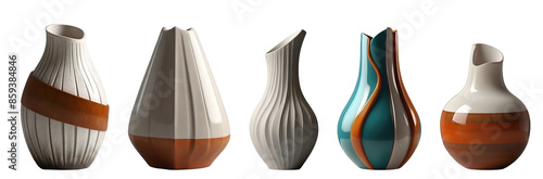 Set of modern decorative ceramic designer vases isolated on transparent background. Generative AI