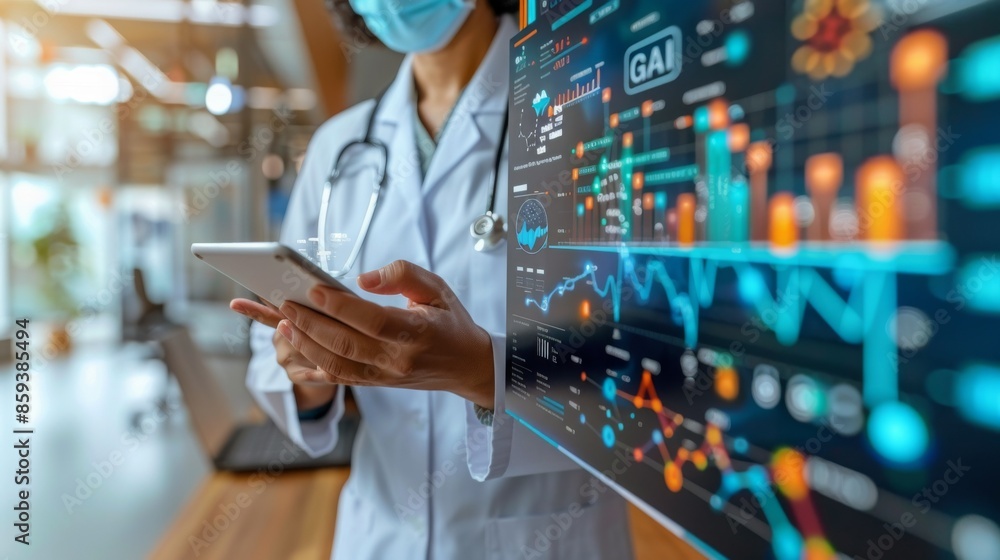AI in Healthcare: Medical holographic interface interactions, displays medical data and AI diagnostics. Artificial intelligence technology. Digital tech. AI in Healthcare: Medical holographic interface interactions, displays medical data and AI diagnostics. Artificial intelligence technology. Digital tech.