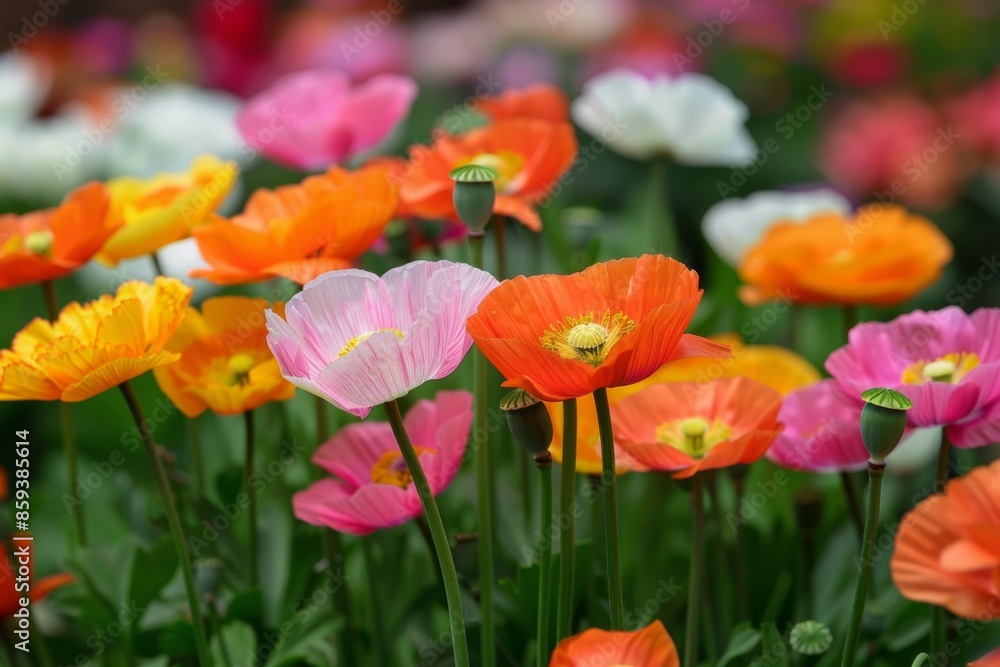 Vibrant array of colorful poppies blooming in springtime garden Vibrant array of colorful poppies blooming in springtime garden