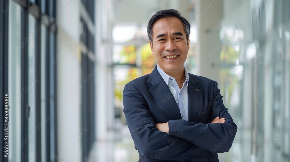 Portrait of happy mature Asian business man standing with arms crossed at the office work : Generative AI